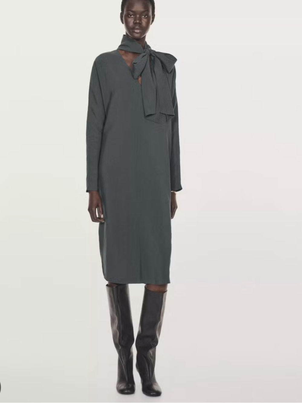 Massimo Dutti Grey Blue Tie Neck Midi Dress Size Small NWT Ref 6654/505/846
